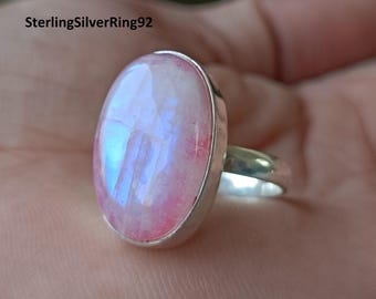 Handmade Oval Pink Moonstone Ring: 925 Sterling Silver Statement Ring