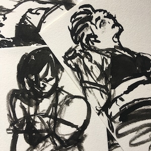 May include: Black and white ink drawings of three people. The drawings are done in a loose, expressive style. The people are depicted in various poses, some with their heads tilted back and others with their arms crossed.