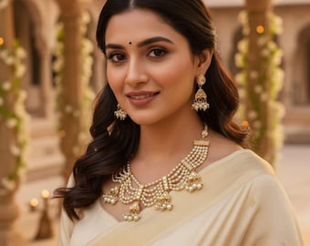 Gargantilla Kundan con acabado dorado, perlas y diamantes americanos, joyería Rajputi