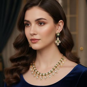 May include: A woman wearing a gold necklace and matching earrings. The necklace and earrings feature clear and green gemstones. The woman is wearing a dark blue velvet top. The jewelry is set against a soft background.
