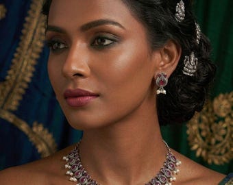 Oxidized Silver Ruby Temple Necklace Set, Pearl Drop Choker, Indian Bridal Jewelry, Statement Wedding