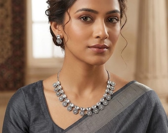 Vintage Oxidized Necklace Set, Boho Tribal , Indian Bridal Jewelry, Silver Statement Necklace for Women