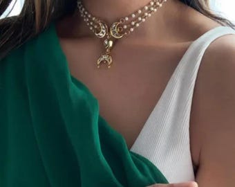 Gargantilla de perlas con forma de luna, joyería minimalista india, estilo celestial, elegante collar de oro para mujer.