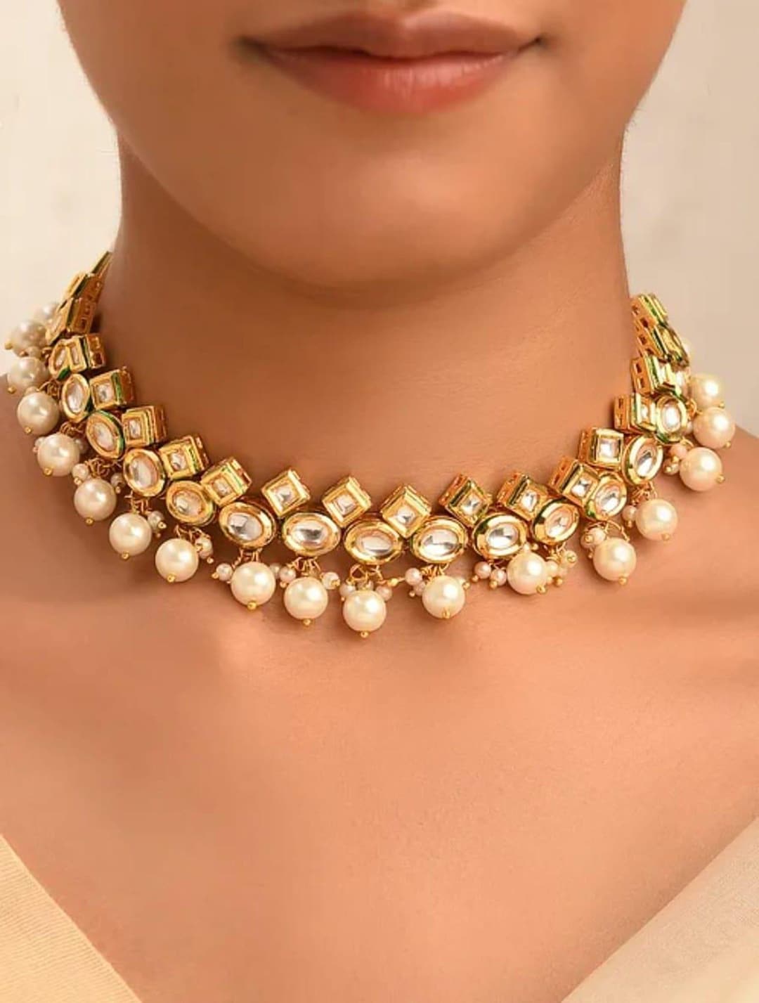 Gold Plated Traditional Kundan Pearl Choker Necklace Jewellery Set For Women And Girls