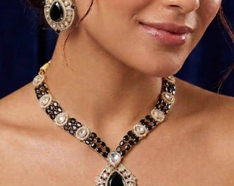 Conjunto de collar Kundan negro / Colgante en forma de lágrima / Joyería nupcial / Collar de boda indio / Regalo para ella