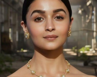 Kundan Choker Necklace Set | Gold-Tone Polki Style Jewelry | Bridal Indian Necklace with Earrings