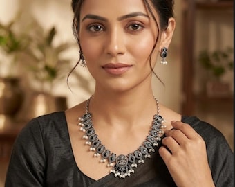 Conjunto de collar de plata oxidada estilo templo, joyería con piedra negra, collar tradicional indio, joyería nupcial étnica