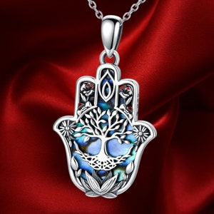 Hamsa Tree of Life Evil Eye Necklace 925 Sterling Silver Hand of Fatima Pendant Necklace 