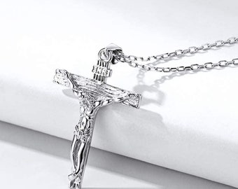 Collar con colgante de crucifijo de cruz INRI de Jesucristo católico de plata de ley 925 para mujeres y hombres (con caja de regalo)