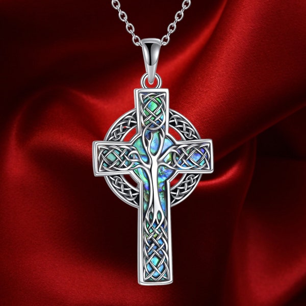 Celtic Cross Necklace Sterling Silver Celtic Knot Pendant Abalone Shell Cross Jewelry Gifts for Women Men