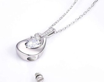 925 Sterling Silver Urn Pendant Necklaces for Ashes Cubic Zirconia Teardrop Keepsake Cremation Jewelry Women Memorial Gifts for A Loss