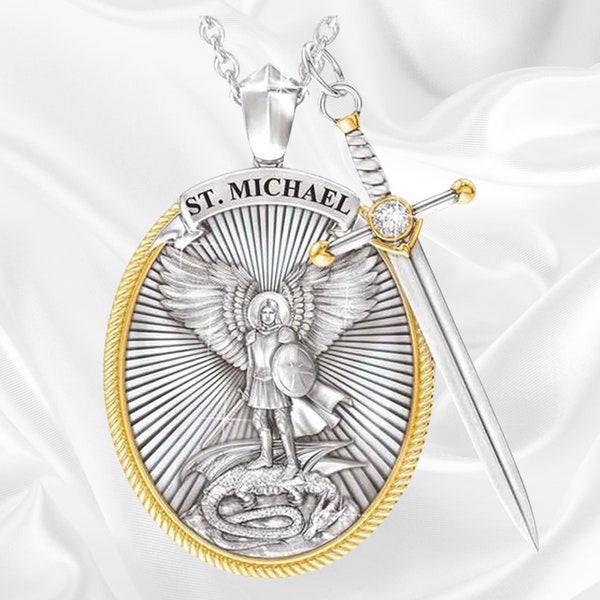 Archangel St. Michael Catholic Patron Steel Pendant Necklace Jewelry Divine Sword Senhield Protection l Divine Shield Protection Necklace