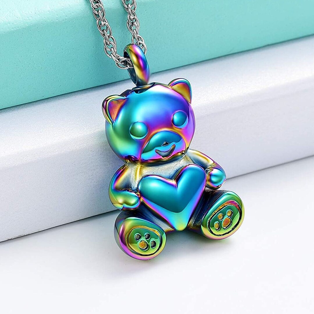 Shajwo Cremation Heart Urn Necklace For Ashes Jewelry Teddy Bear Memorial Urn Keepsake Locket Pendant For Women Men Pet,2PCS Rainbow/Rose Gold