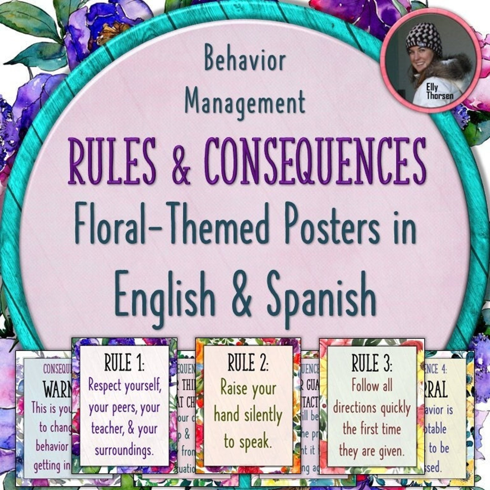 Classroom Management Class Rules & Consequences Posters Floral Theme