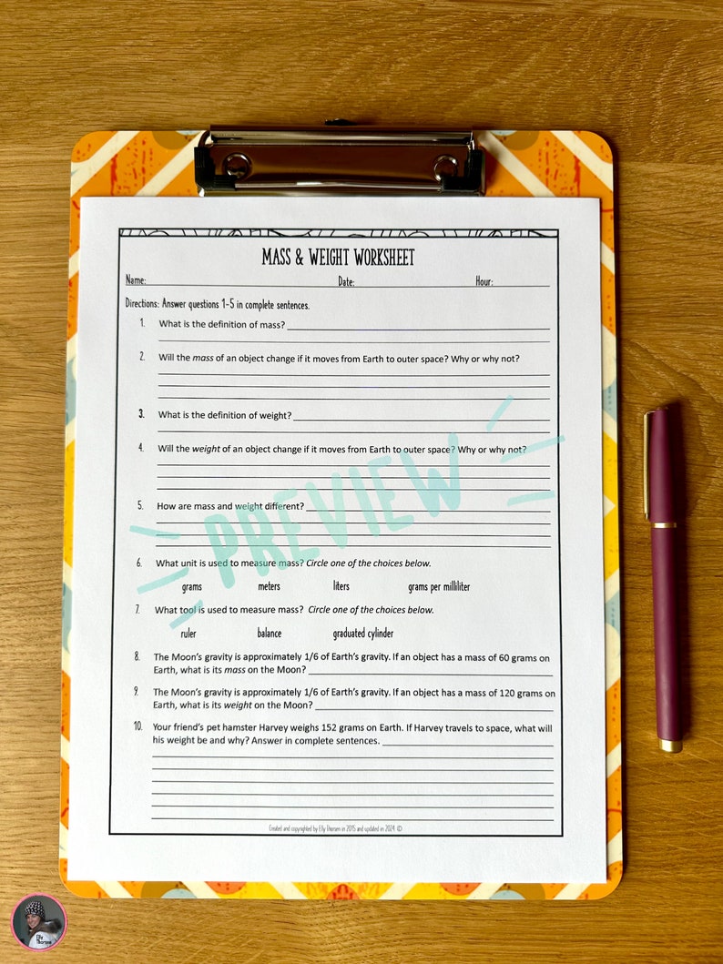 Mass and Weight Worksheet: Middle School Science Measurement - Etsy