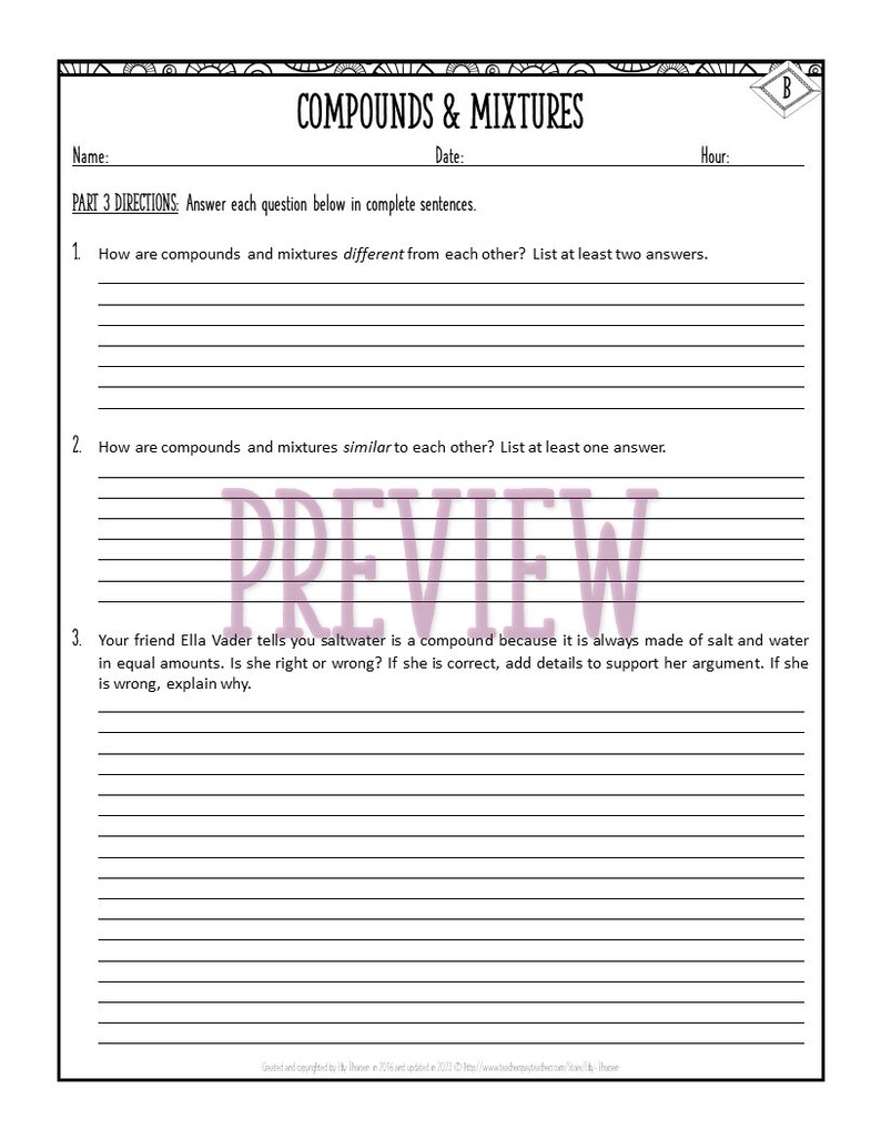 Compounds and Mixtures Practice Worksheet - Etsy