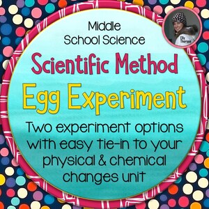 Op de afbeelding: Een kleurrijke cirkel met een witte omtrek, met de tekst "Middle School Science Scientific Method Egg Experiment" in roze, geel en zwart. De tekst "Two experiment options with easy tie-in to your physical & chemical changes unit" is ook in zwart opgenomen.