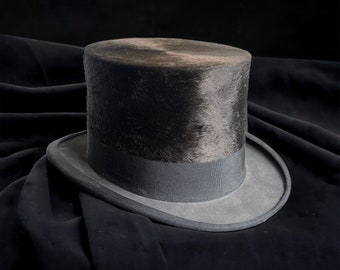 Antique original high mohair hat ca. 1900 Soft Top Hat Black Silk, Antique Collectible Size 56