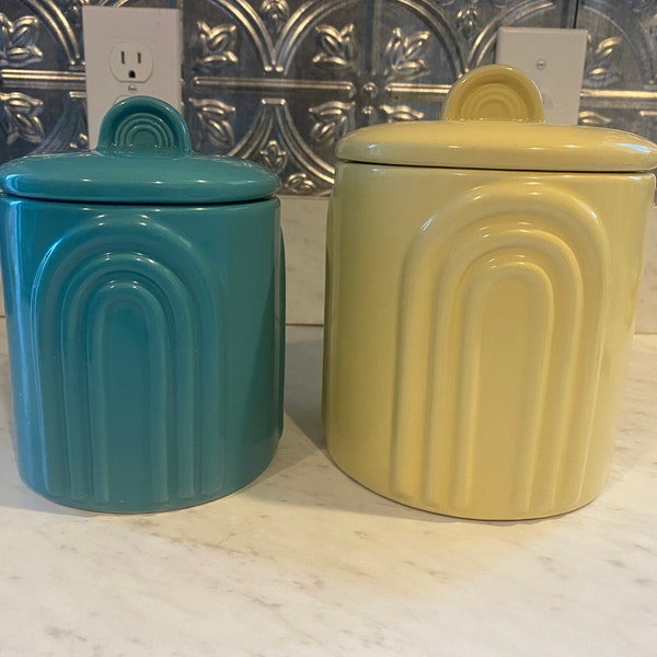 Two Shadle Enterprises Graduated Ceramic Canisters- Vintage Art Deco Fiesta Yellow Teal Green