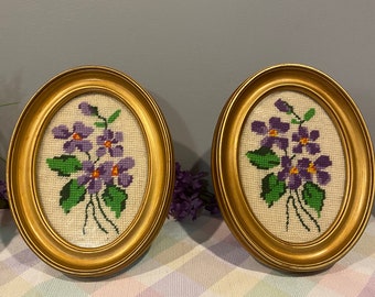 Vintage Needlepoint Embroidered Purple Flowers in Retro Frames