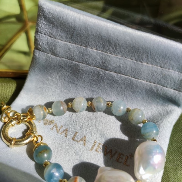 14K Gold Plated, Natural Freshwater Baroque Pearl with Blue Aragonite, Handmade Unique Adjustable Bracelet,One of a kind