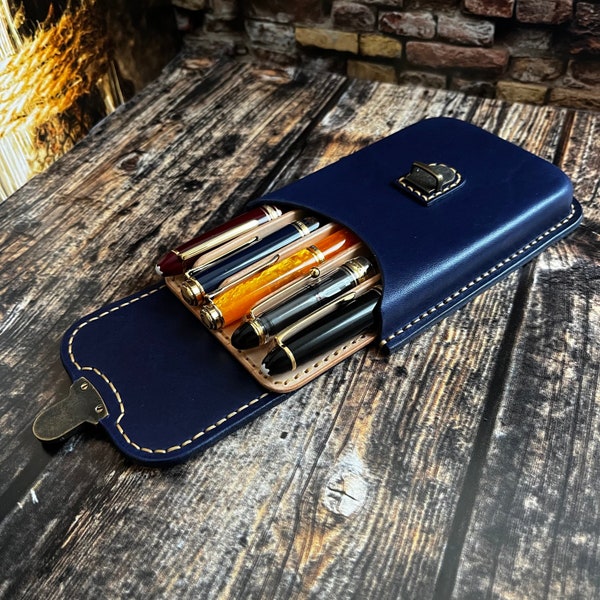 Dark Blue Five Compartment Pen Holder, Wet Molded Pen Holder, Fountain Pen Case, Old Style Pen Holder