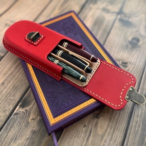 Porte-stylo rouge à trois compartiments, Porte-stylo moulé humide, Étui pour stylo-plume, Porte-stylo ancien