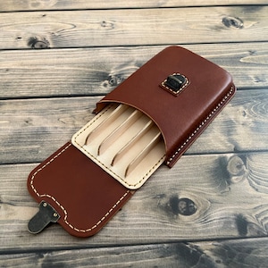 Porte-stylo cognac à cinq compartiments, Porte-stylo moulé humide, Étui pour stylo-plume, Porte-stylo ancien