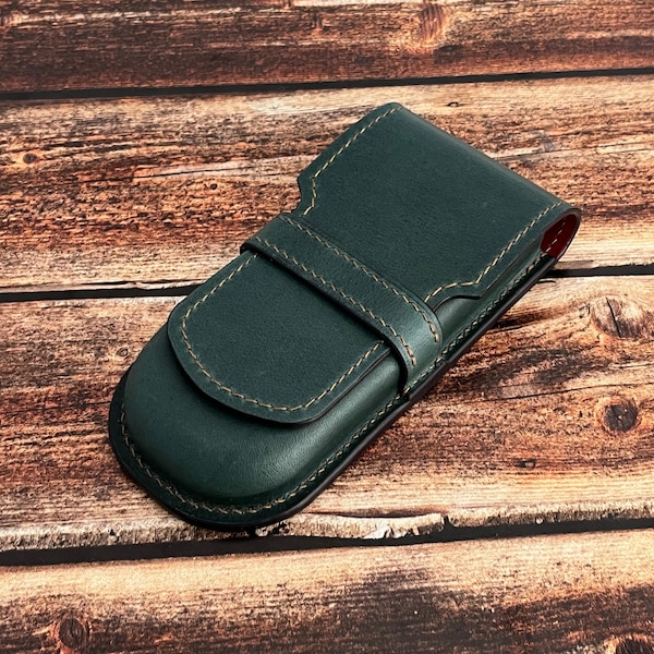 Green Pen Case, Dark Green Leather 3 Pen Case, Wet Molded Pen Holder, Fountain Pen Case, Luxury Pen Holder