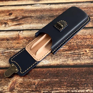 Porte-stylo bleu foncé à trois compartiments, Porte-stylo moulé humide, Étui pour stylo-plume, Porte-stylo ancien