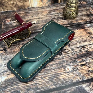 Astuccio per penna stilografica, pelle verde, portapenne stampato a umido, astuccio per penna, portapenne di lusso, astuccio per penna fatto a mano
