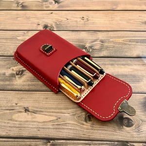 Porte-stylo rouge à cinq compartiments, Porte-stylo moulé humide, Étui pour stylo-plume, Porte-stylo ancien
