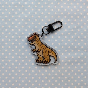 May include: A clear acrylic keychain featuring a cartoon dinosaur with brown and tan stripes. The dinosaur has a red crest and a black eye. The keychain is attached to a black metal ring.