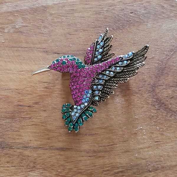 Vintage OPCKR rhinestone hummingbird brooch
