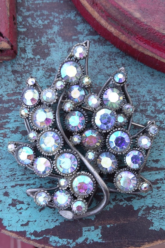 Vintage BSK AB rhinestone leaf brooch