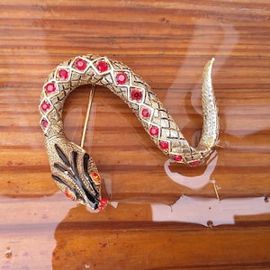 May include: A gold-tone snake brooch with red rhinestones. The snake is curled into a circle with its tail in its mouth.