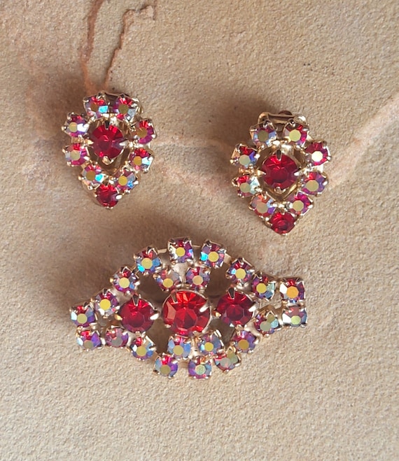 Vintage Bogoff red rhinestone brooch and earrings