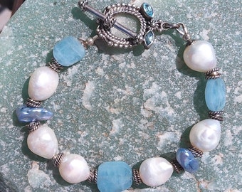 Aquamarine bracelet fresh water pearls artisan sterling silver design