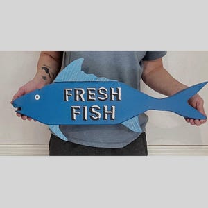 Vintage Wood & Tin Fish Advertising Trade Sign Carved Wood Metal Fishing Wall Art Hanging