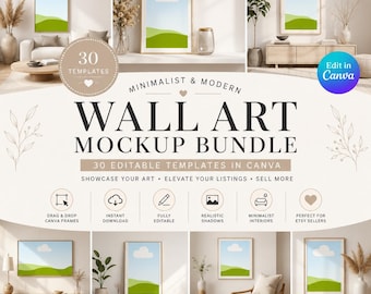 May include: A digital wall art mockup bundle featuring 30 editable Canva templates. The graphic displays various interior scenes with framed landscape prints of green hills and blue skies, alongside icons for drag and drop, download, and editing.