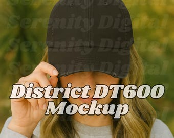 Black Baseball Cap Mockup: Woman Wearing Distressed District DT600 (PNG JPEG)