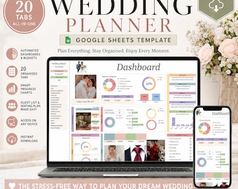 May include: An all-in-one wedding planner Google Sheets template displayed on a laptop and smartphone screen. The interface features a dashboard with automated budget charts, progress trackers, and twenty organized tabs for planning.