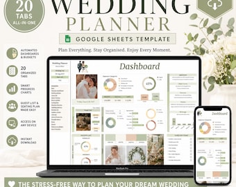 May include: An all-in-one wedding planner Google Sheets template displayed on a laptop and smartphone screen. The interface features a dashboard with automated charts, budget trackers, and task lists in a soft green and neutral color palette.