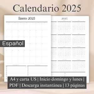 2025 Printable PDF Calendar in A4 and US Letter | Minimalist Wall Planner | Spanish 2025 Calendar
