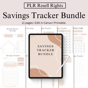 Könnte beinhalten: Ein digitales Planer-Bundle mit 11 Seiten zum Verfolgen von Ersparnissen. Das Cover zeigt einen beigefarbenen Hintergrund mit abstrakten Formen und dem Text "Savings Tracker Bundle".