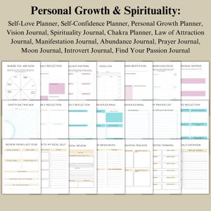 Pu&ograve; includere: Un set di 16 pagine di diario stampabili per la crescita personale e la spiritualit&agrave;. Le pagine includono suggerimenti per la gratitudine, l'auto-riflessione, l'impostazione degli obiettivi e molto altro. Le pagine sono progettate con uno sfondo marrone chiaro e accenti blu e rosa.