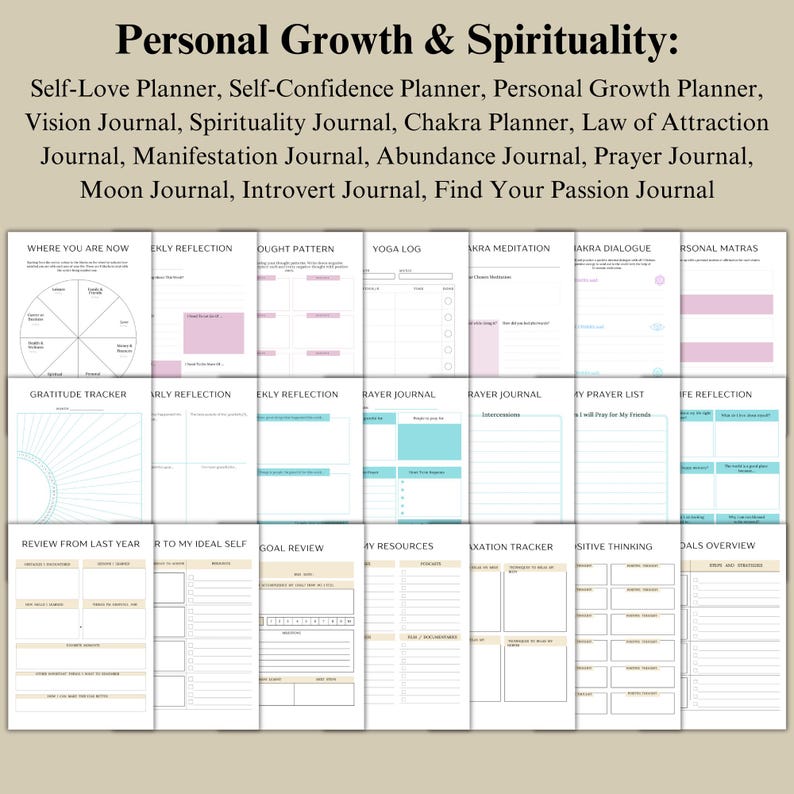 Pu&ograve; includere: Un set di 16 pagine di diario stampabili per la crescita personale e la spiritualit&agrave;. Le pagine includono suggerimenti per la gratitudine, l'auto-riflessione, l'impostazione degli obiettivi e molto altro. Le pagine sono progettate con uno sfondo marrone chiaro e accenti blu e rosa.