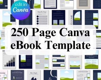 May include: A collection of 250 page Canva eBook templates with a blue, green, and white color scheme. The templates feature various layouts, including charts, graphs, and text boxes. The text "250 Page Canva eBook Template" is displayed in large, bold letters.