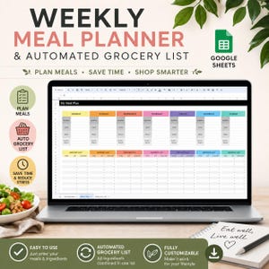 May include: A digital weekly meal planner and automated grocery list template for Google Sheets displayed on a laptop screen. The interface features color-coded columns for each day of the week, including sections for breakfast, lunch, dinner, and snacks.