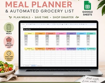 May include: A digital weekly meal planner and automated grocery list template for Google Sheets displayed on a laptop screen. The interface features color-coded columns for each day of the week, including sections for breakfast, lunch, dinner, and snacks.
